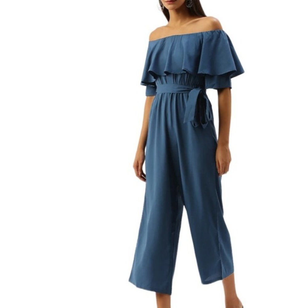 New Chique Blue Off Shoulder Culotte Jumpsuit Size Medium